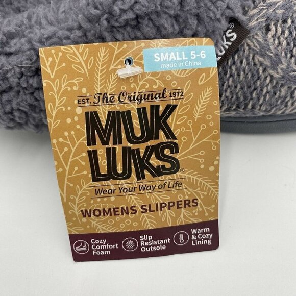 Muk Luks Women's Moccasin Memory Foam Slippers Gray Sherpa Slip On Size 5-6 New - Picture 4 of 6